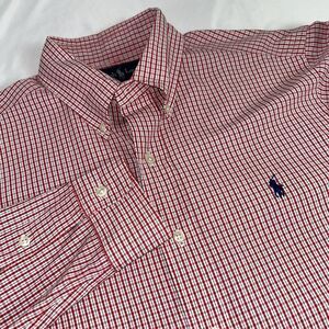 Men's Ralph Lauren Classic Fit Cotton Shirt Red White Plaid Long‎ Sleeve Medium